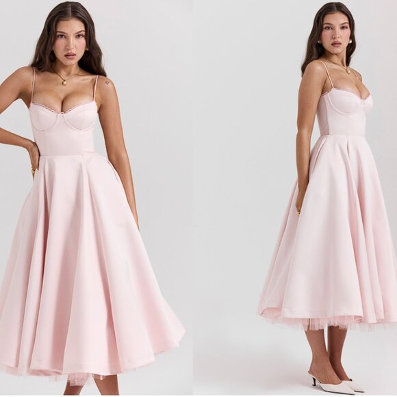House of CB 'Mademoiselle' Ballerina Pink Satin Tulle Midi Dress NWOT - Picture 2 of 12